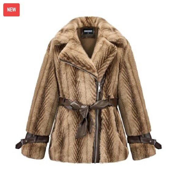 Faux Fur Cropped Jacket with Belted Waist and Leather Accents - Picture 4 of 8